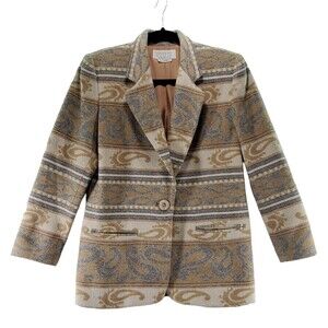 VTG Petite Sophisticate 4 Wool Paisley Bohemian Equestrian Blazer Brown Tan